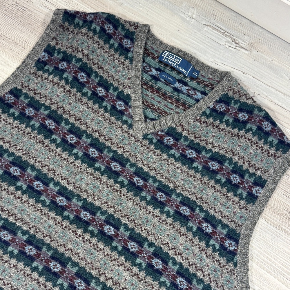 Polo Ralph Lauren Vest Jumper Sweater Fair Isle Wool Nordic RARE Vintage XL